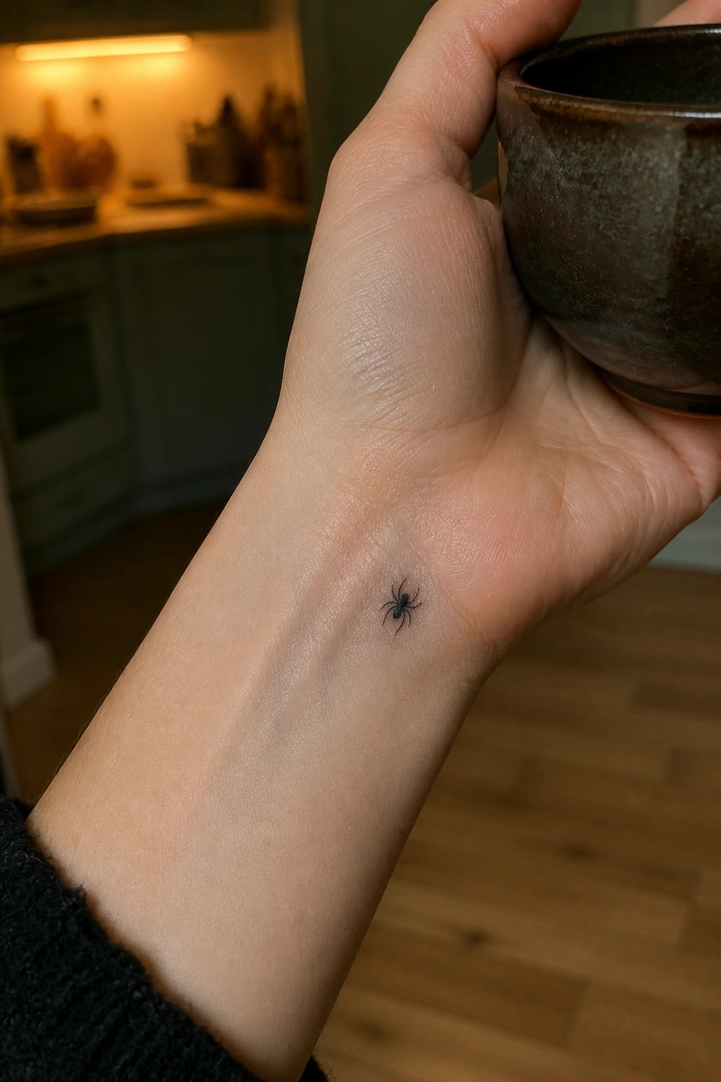 Small blackwork spider tattoo on the inner wrist of a hand holding a dark ceramic cup.