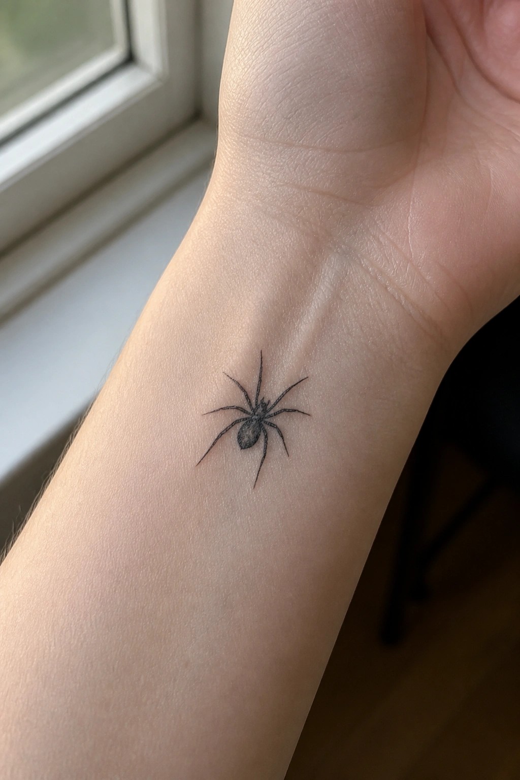 Small black spider tattoo on light-skinned inner wrist near window