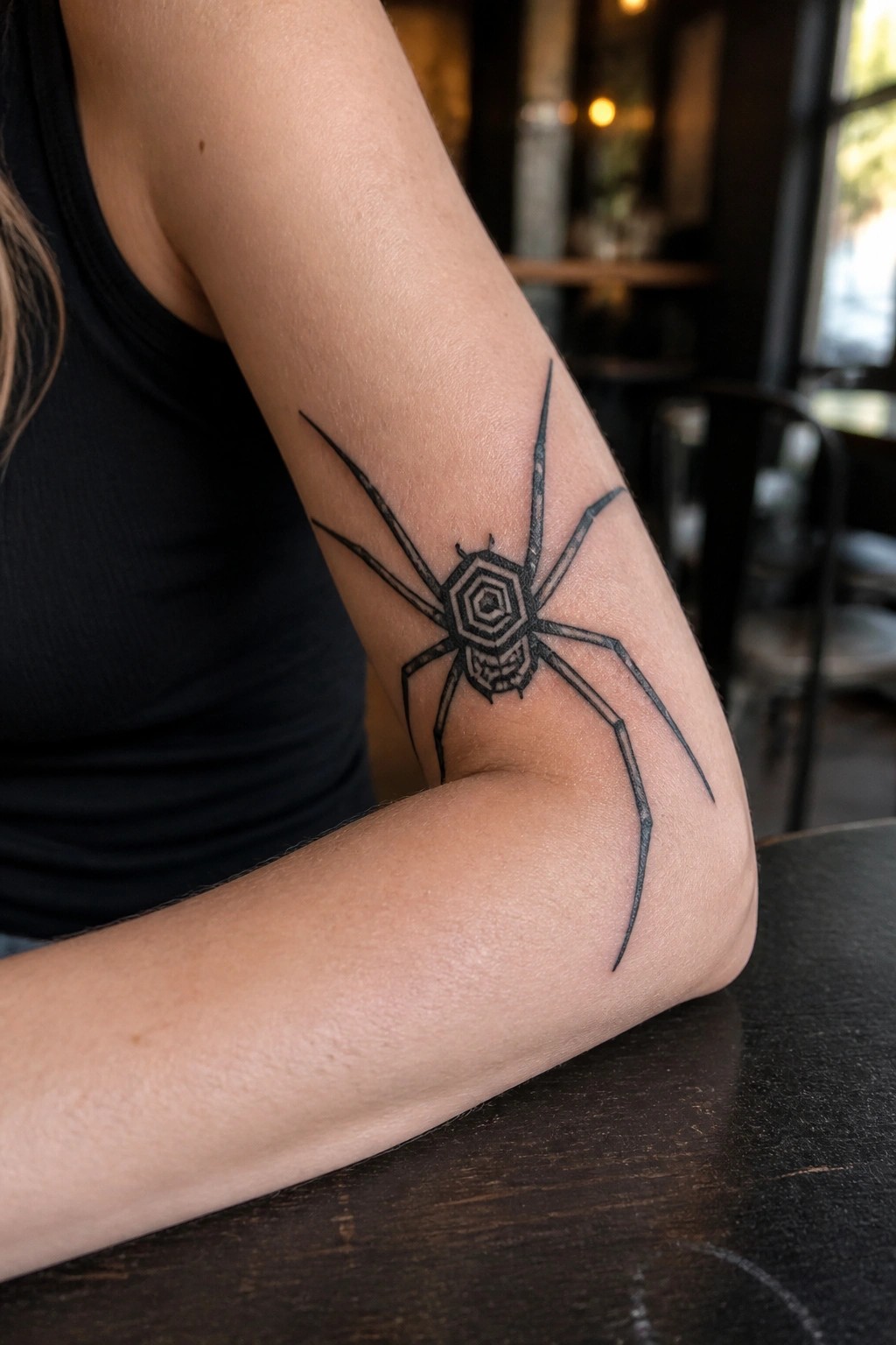 Geometric black spider tattoo on upper arm of person in black tank top