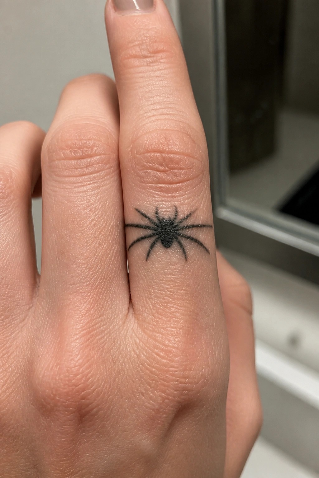 Small blackwork spider tattoo on the side of a finger showing solid lines and compact scale