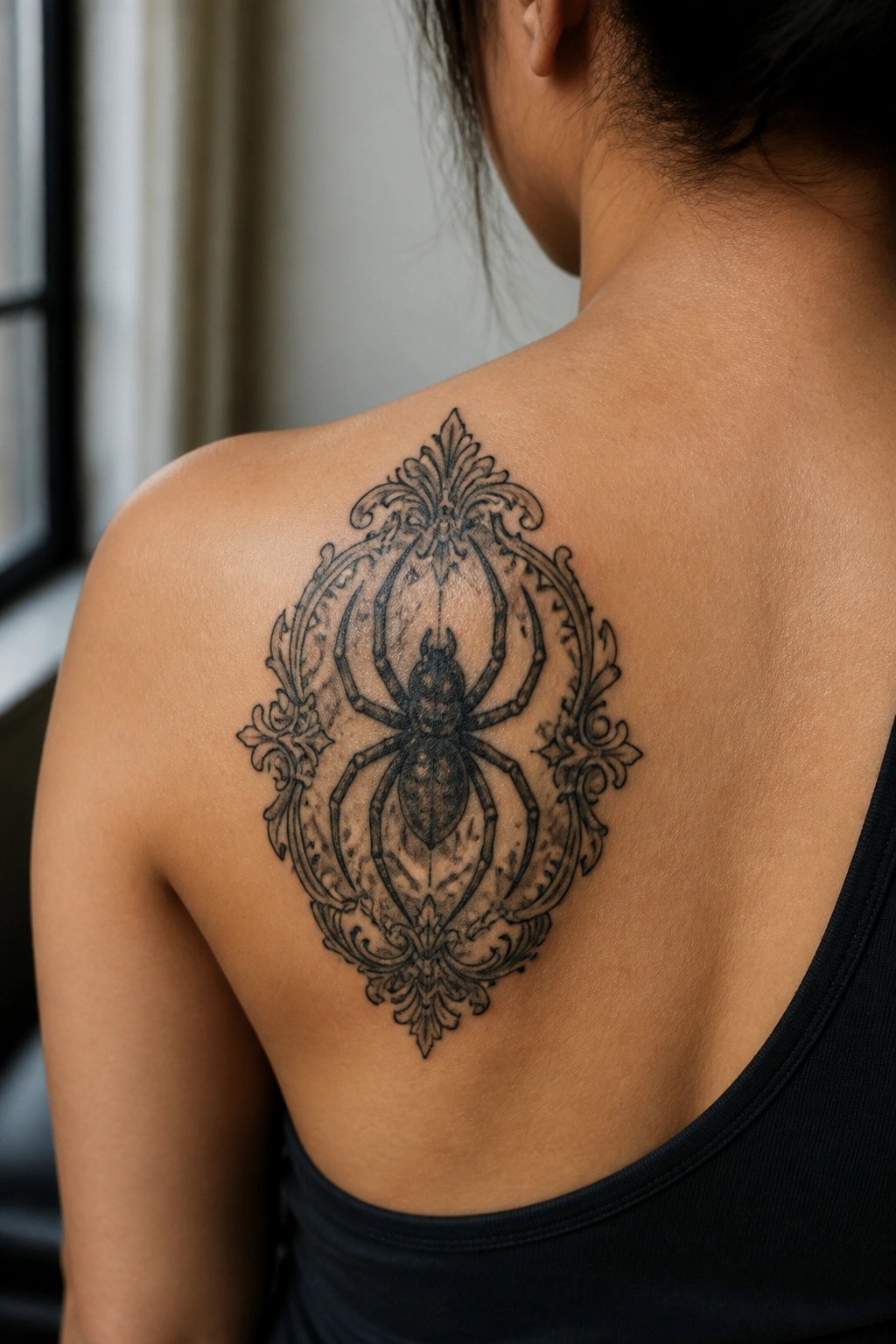 Ornate black spider tattoo with filigree frame on upper back over black top