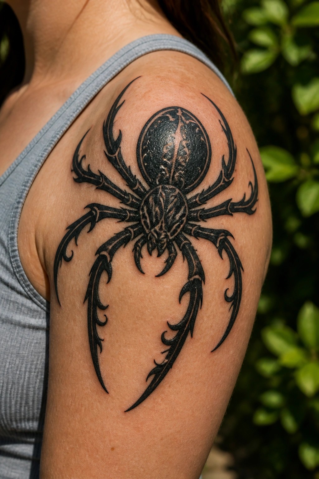 Large black spider tattoo on shoulder above gray tank top