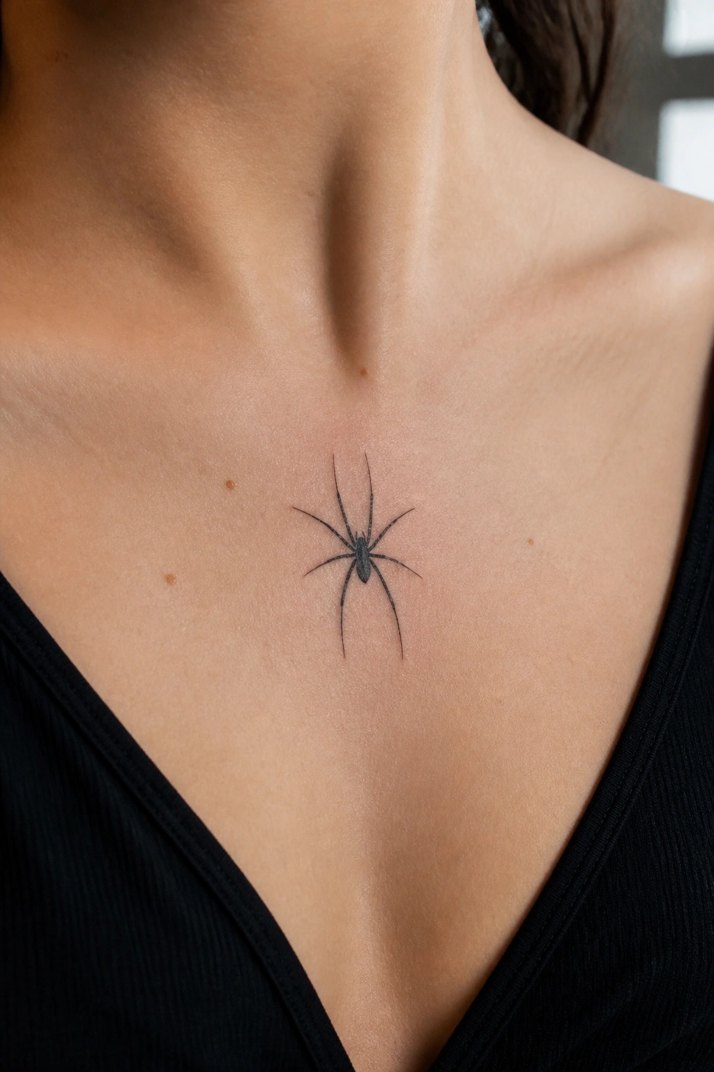 Small black spider tattoo on upper chest above black V-neck top