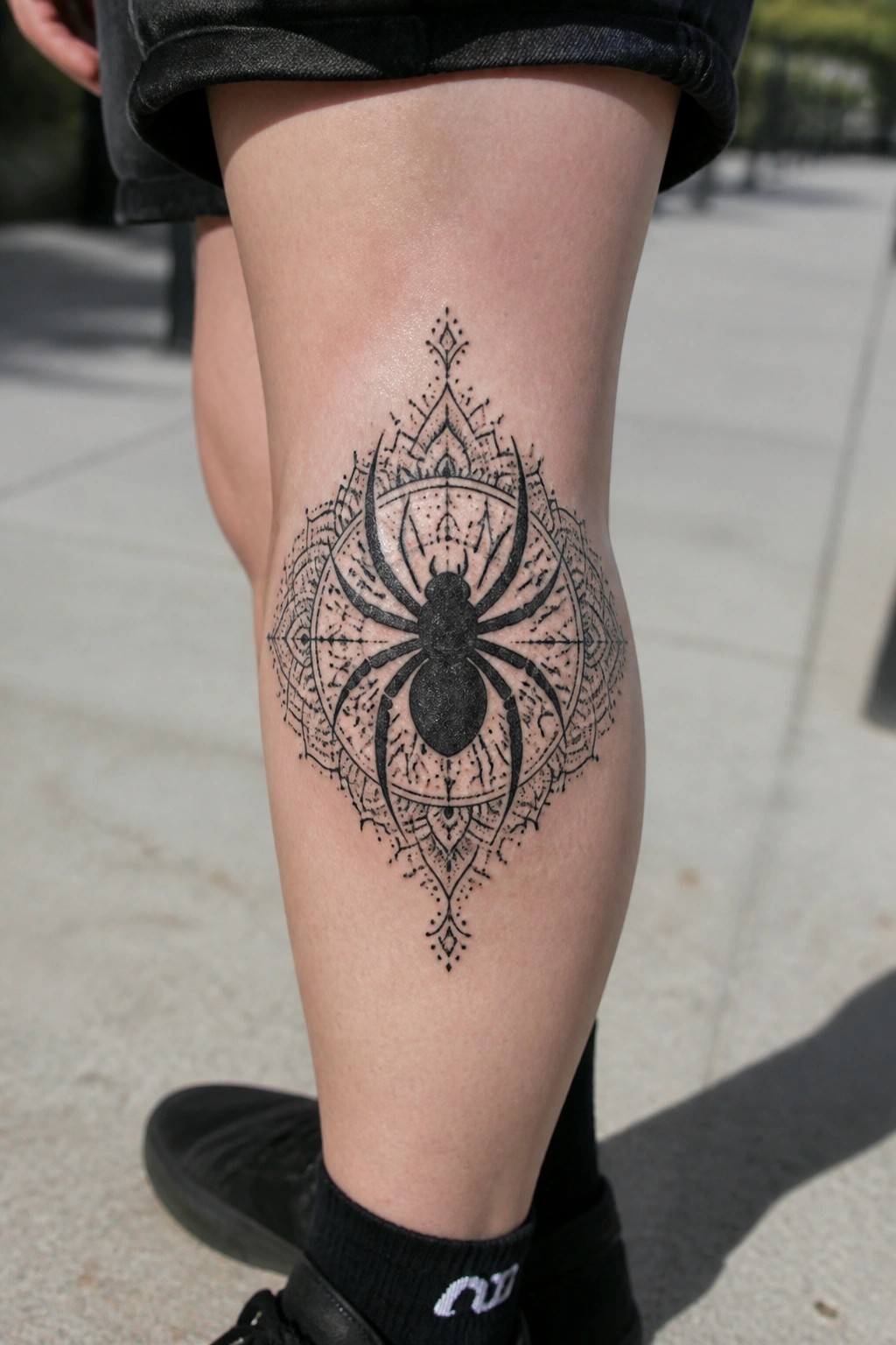 Black spider mandala tattoo on knee above black shorts and sock