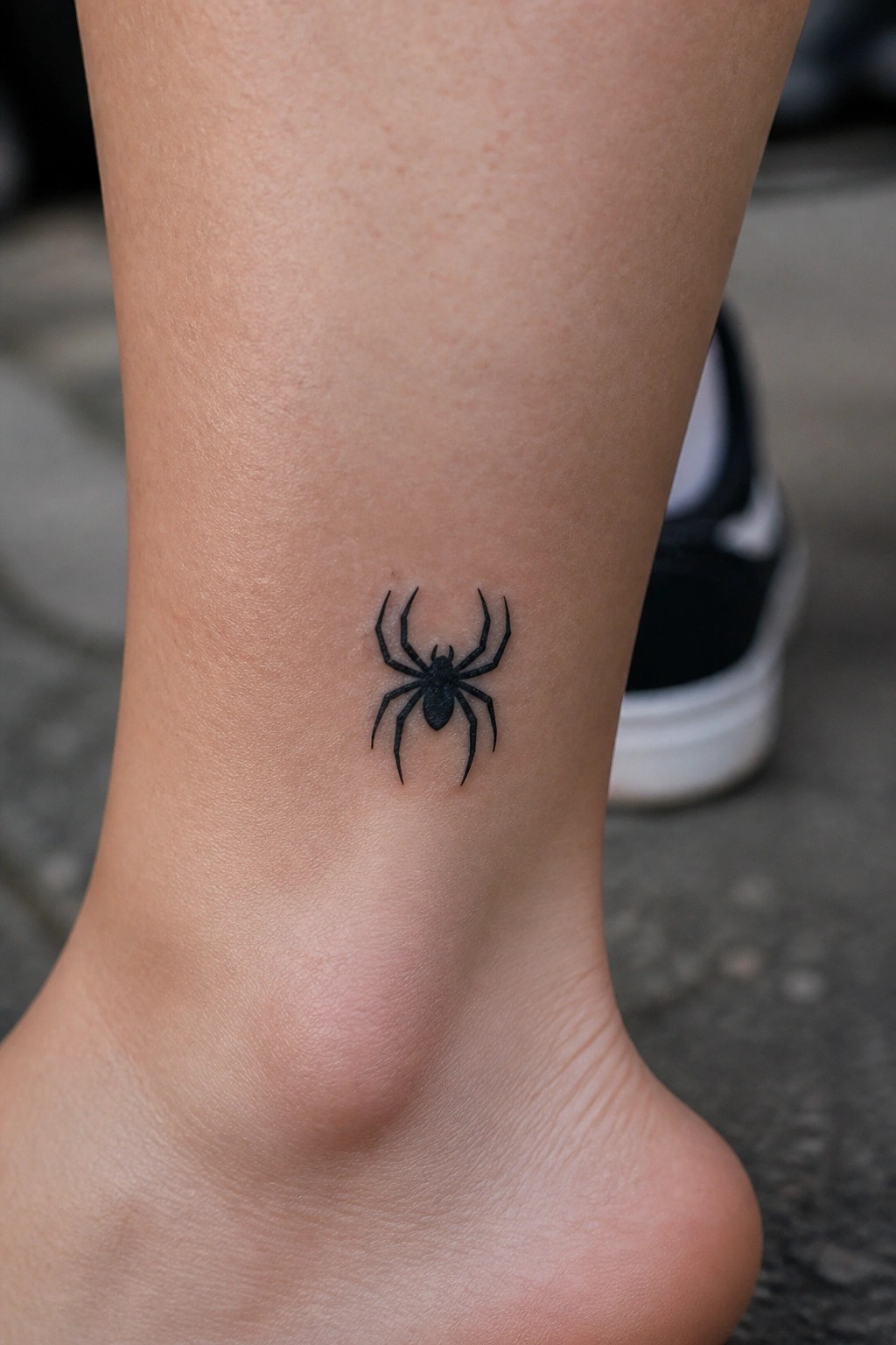 Small black spider tattoo on the side of an ankle