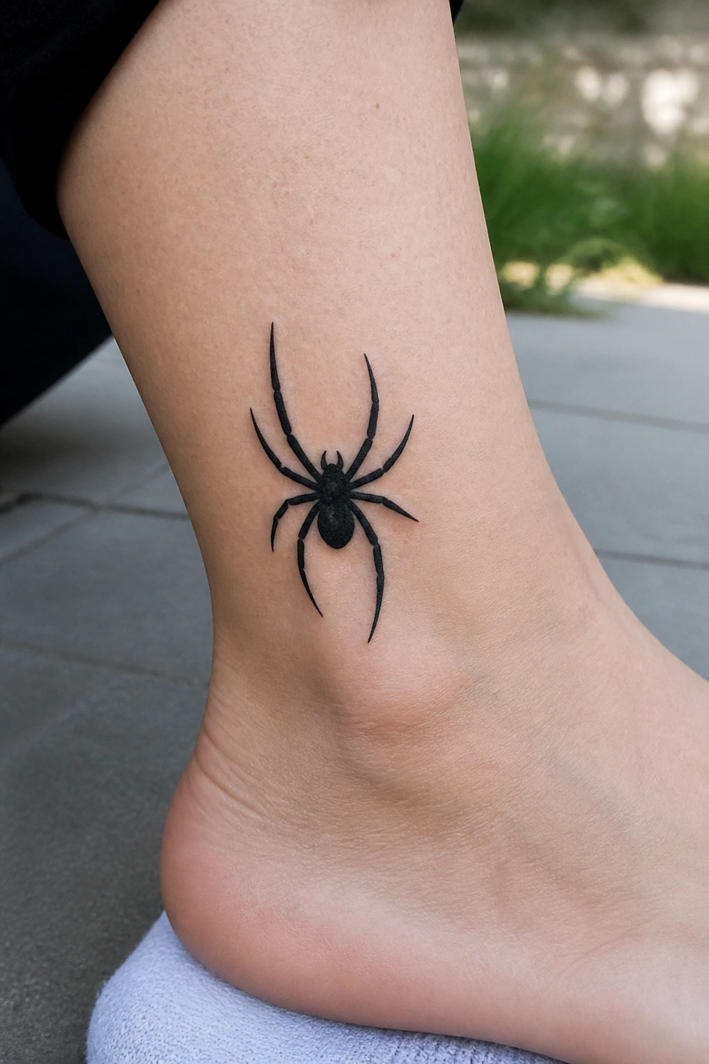 Blackwork spider tattoo on the ankle with solid black shading and extended legs