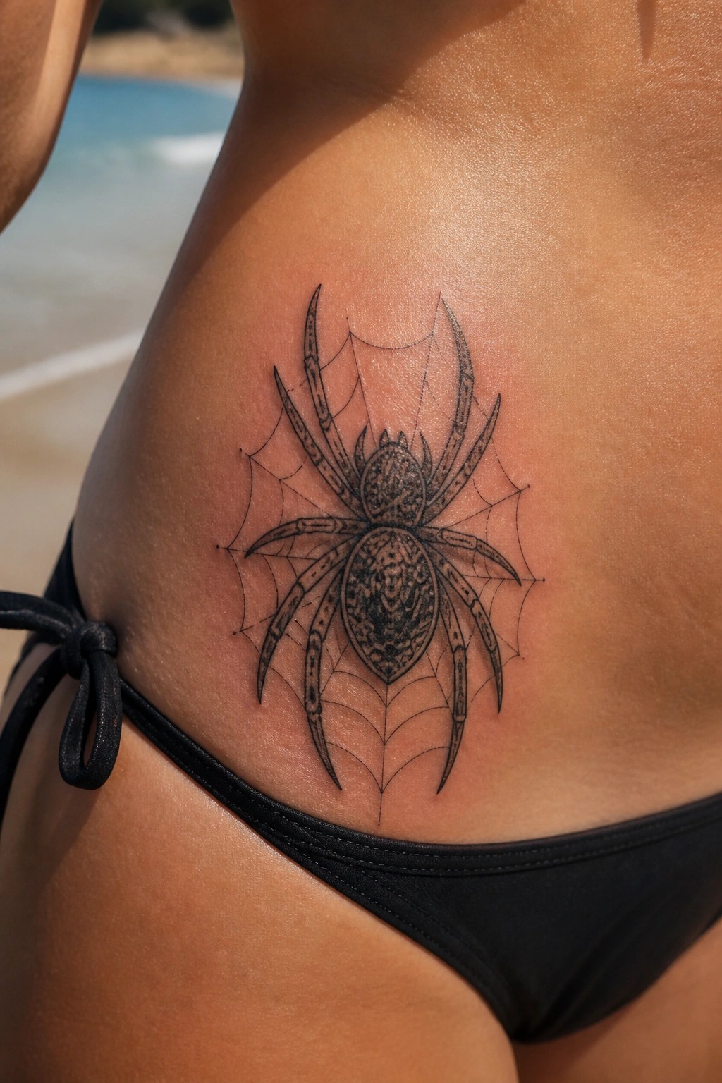 Intricate spider and web tattoo on hip above black bikini bottoms at beach