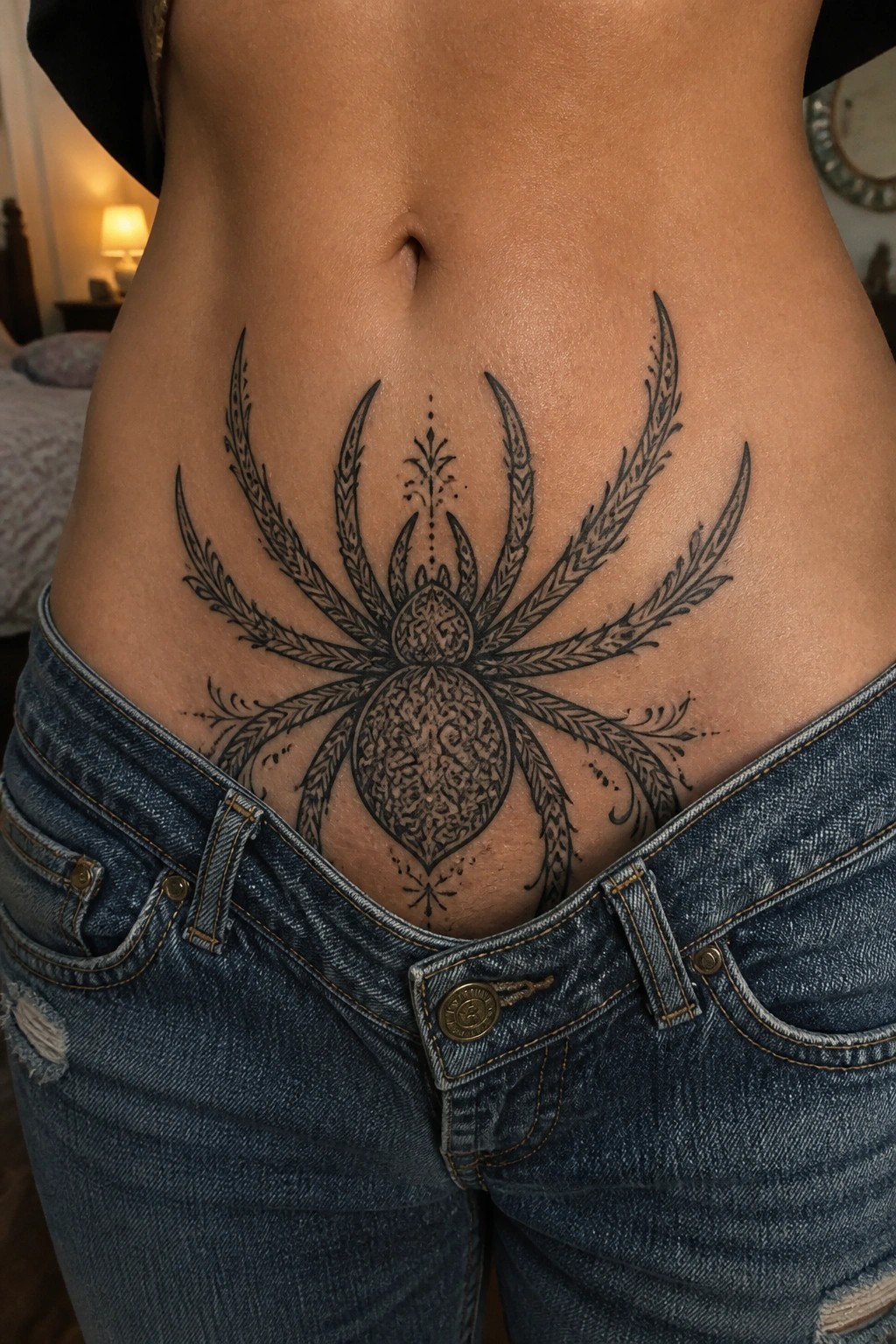 Ornate spider tattoo on bare abdomen above low-rise blue jeans waistband.