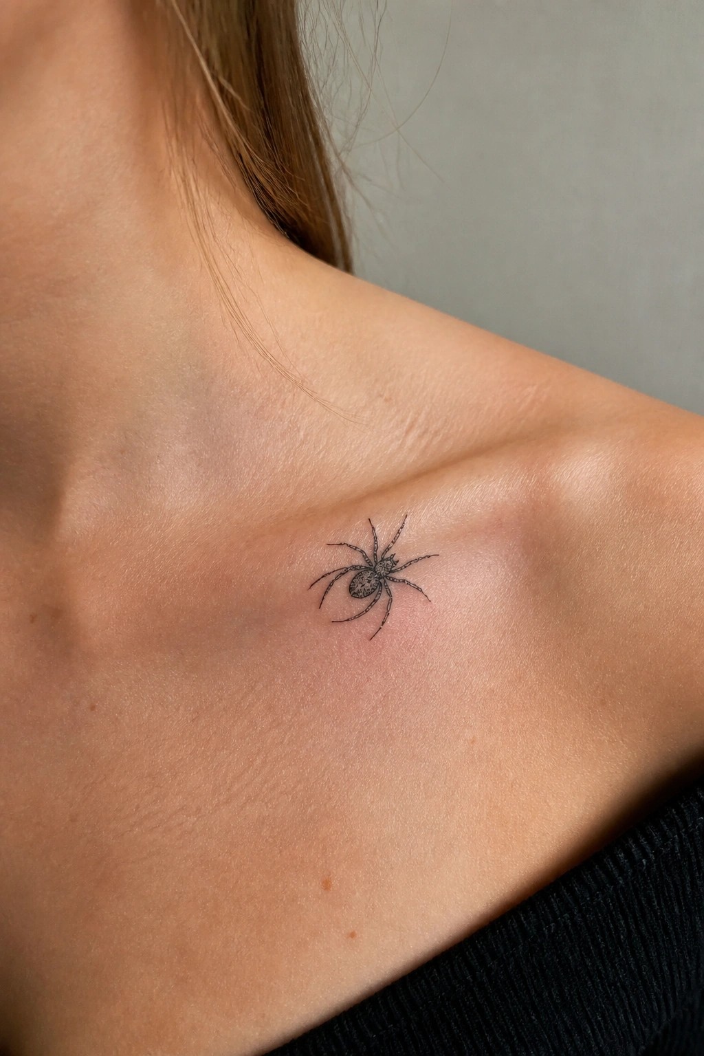 Small black spider tattoo on light-skinned shoulder above black top.