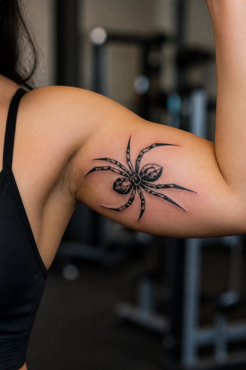 Blackwork spider tattoo with geometric patterns on a woman's upper arm in a gym setting