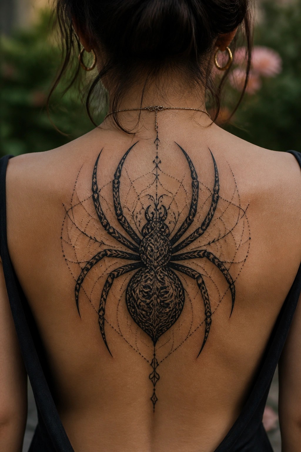 Large blackwork spider tattoo centered on a woman's upper back with legs extending outward and a web pattern integrated into the design.