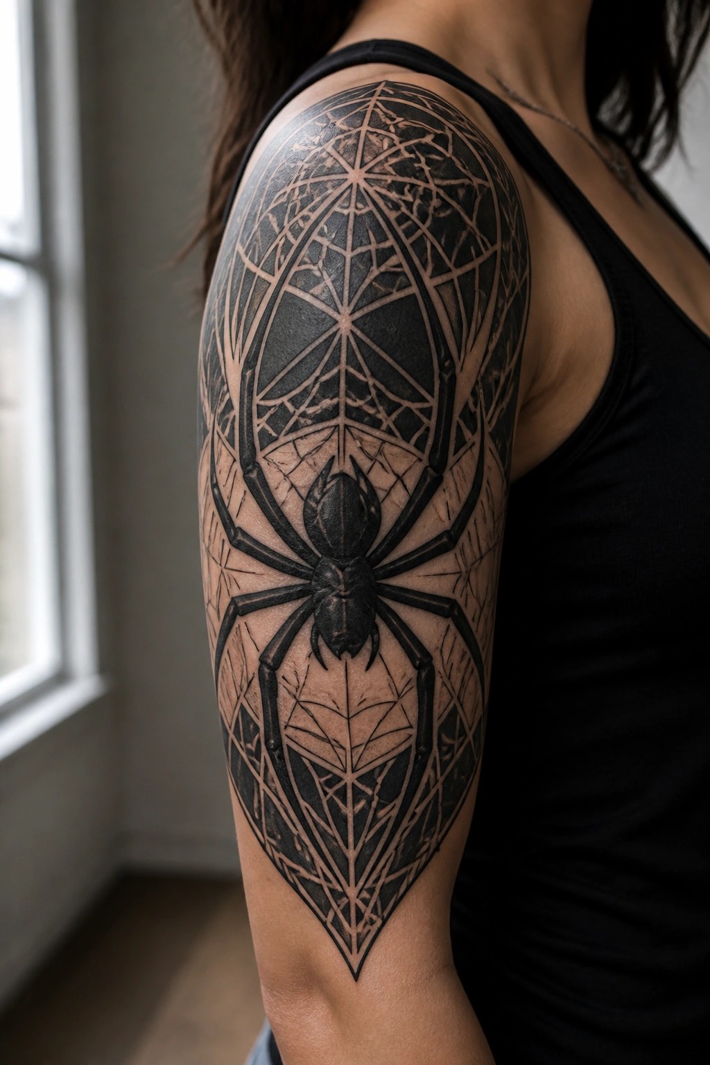 Large black spider tattoo with intricate geometric web on upper arm.