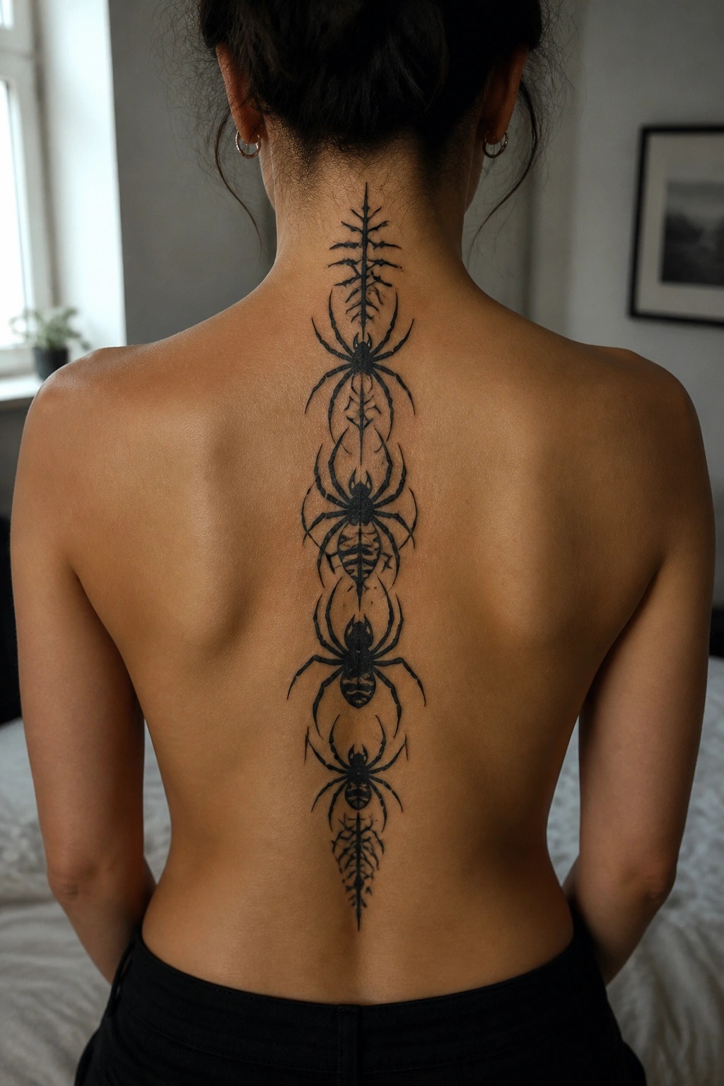 Vertical blackwork tattoo of stacked spiders connected by symmetrical patterns running down the spine on a woman's back.