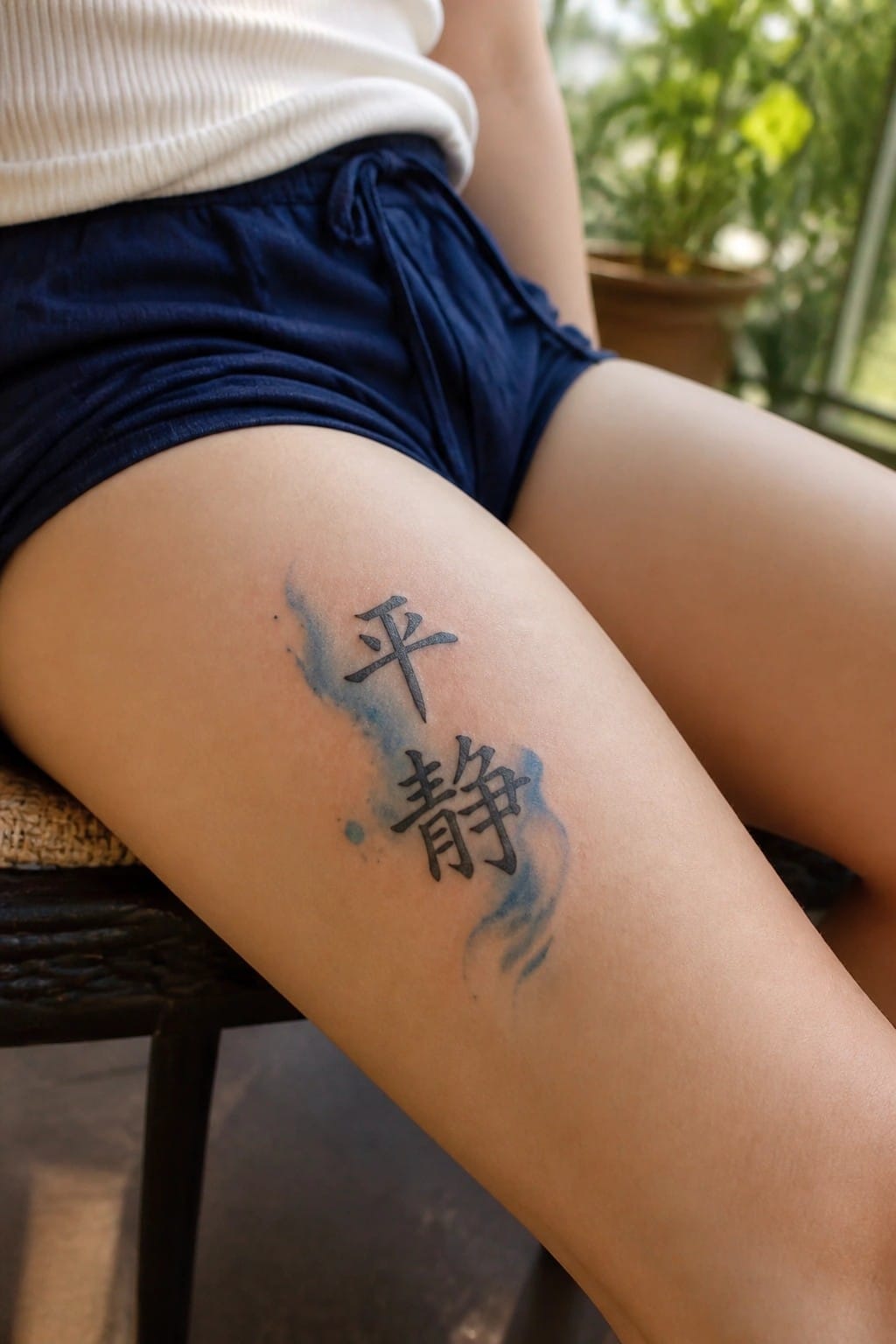 Chinese characters for peace with blue watercolor shading on a woman's upper thigh.