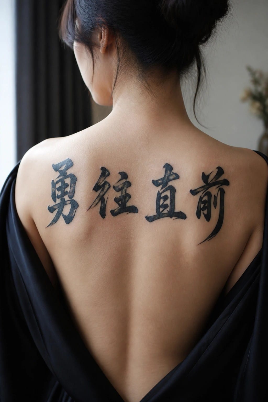 Woman's upper back showing four large Chinese calligraphy characters in black ink across the shoulders.