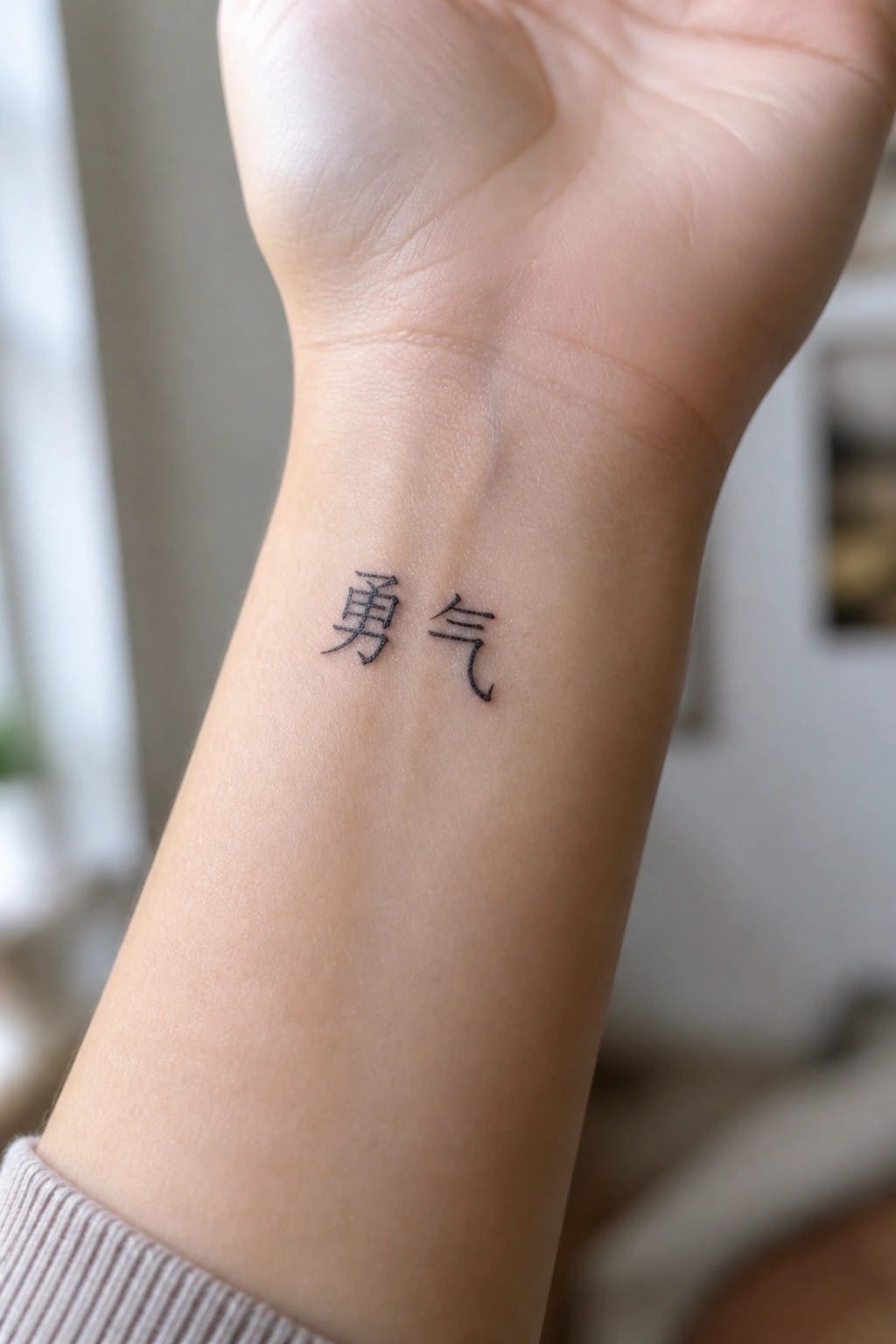 Clenched fist showing black Chinese characters tattooed on inner wrist above beige sleeve