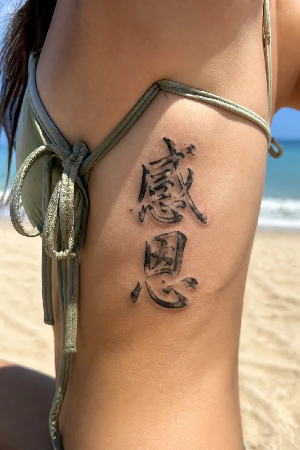 Vertical Chinese calligraphy characters for gratitude on a woman's upper arm at the beach