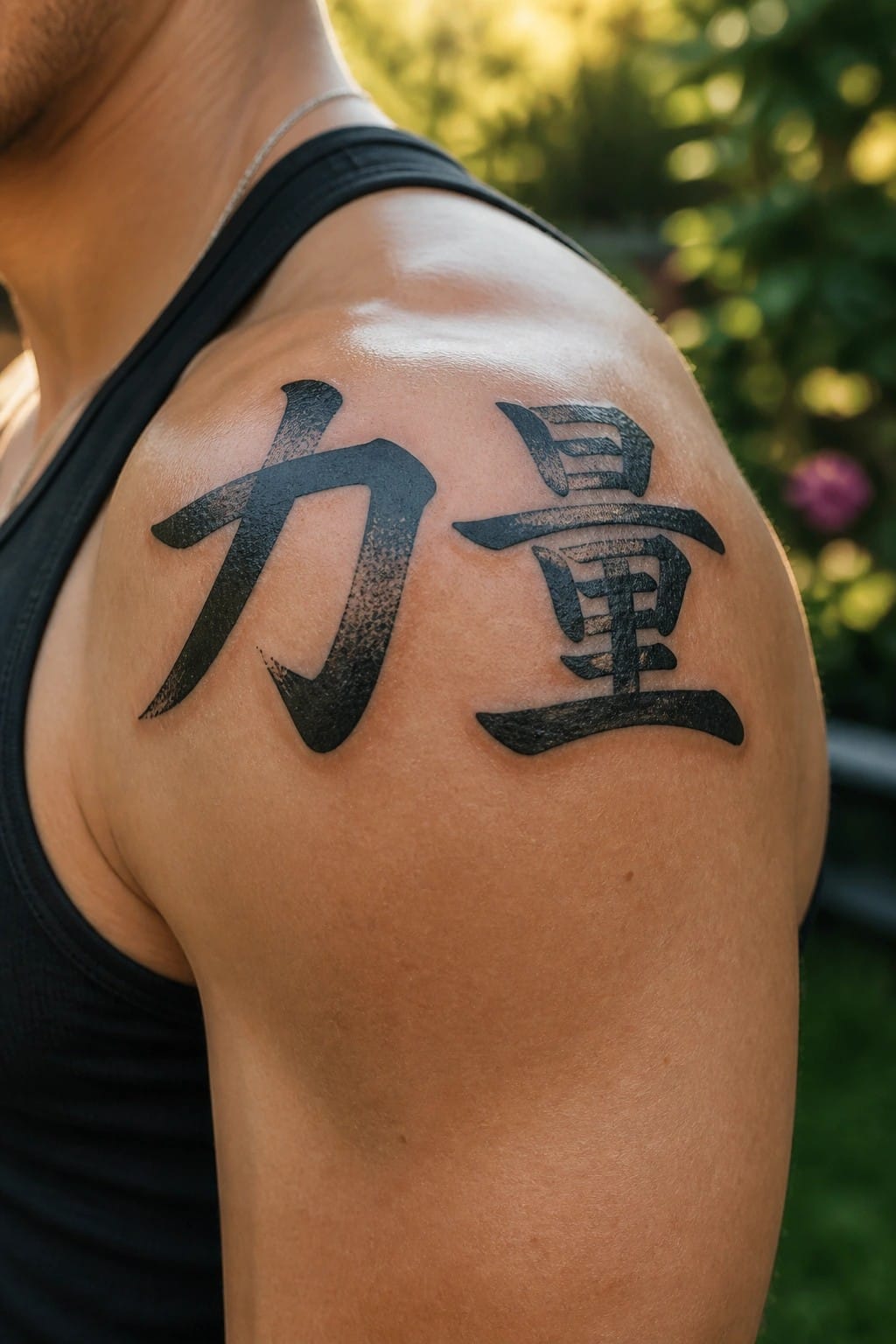 Muscular shoulder with two large black kanji tattoos, black tank top, silver chain.
