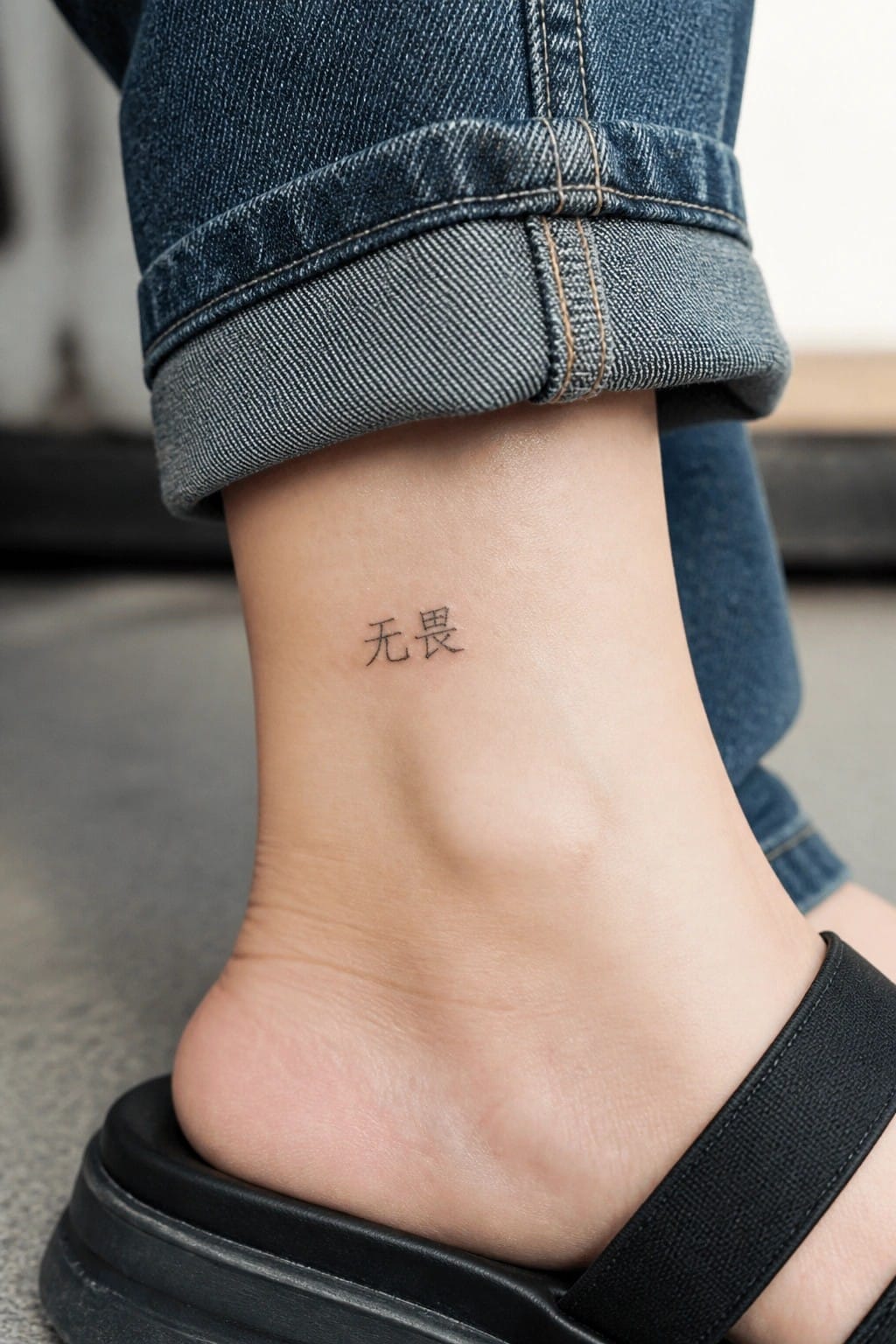 Ankle tattoo of two Chinese characters below cuffed blue jeans and black platform sandal.