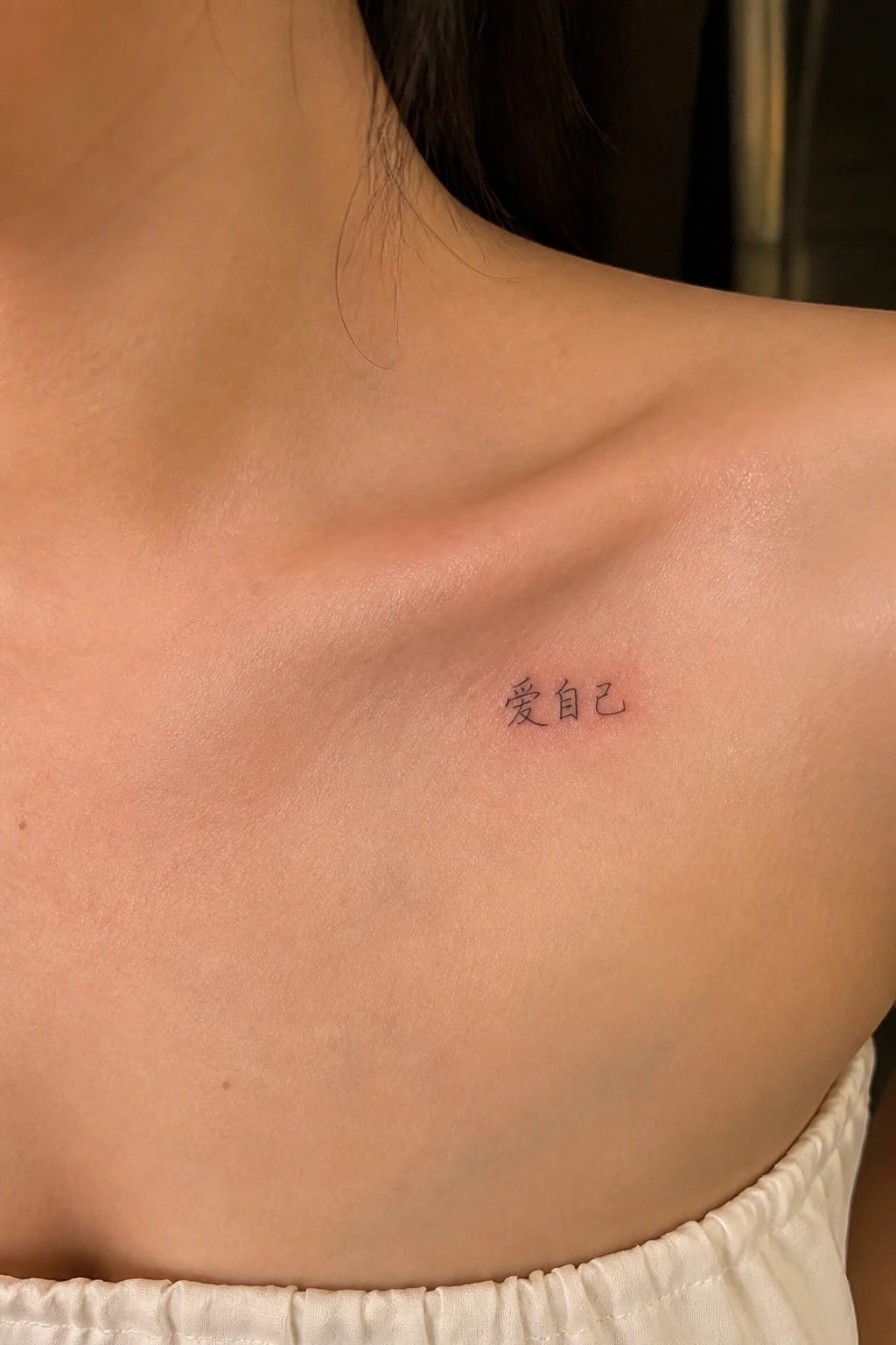 Small black tattoo of '愛自己' on reddened skin above white top