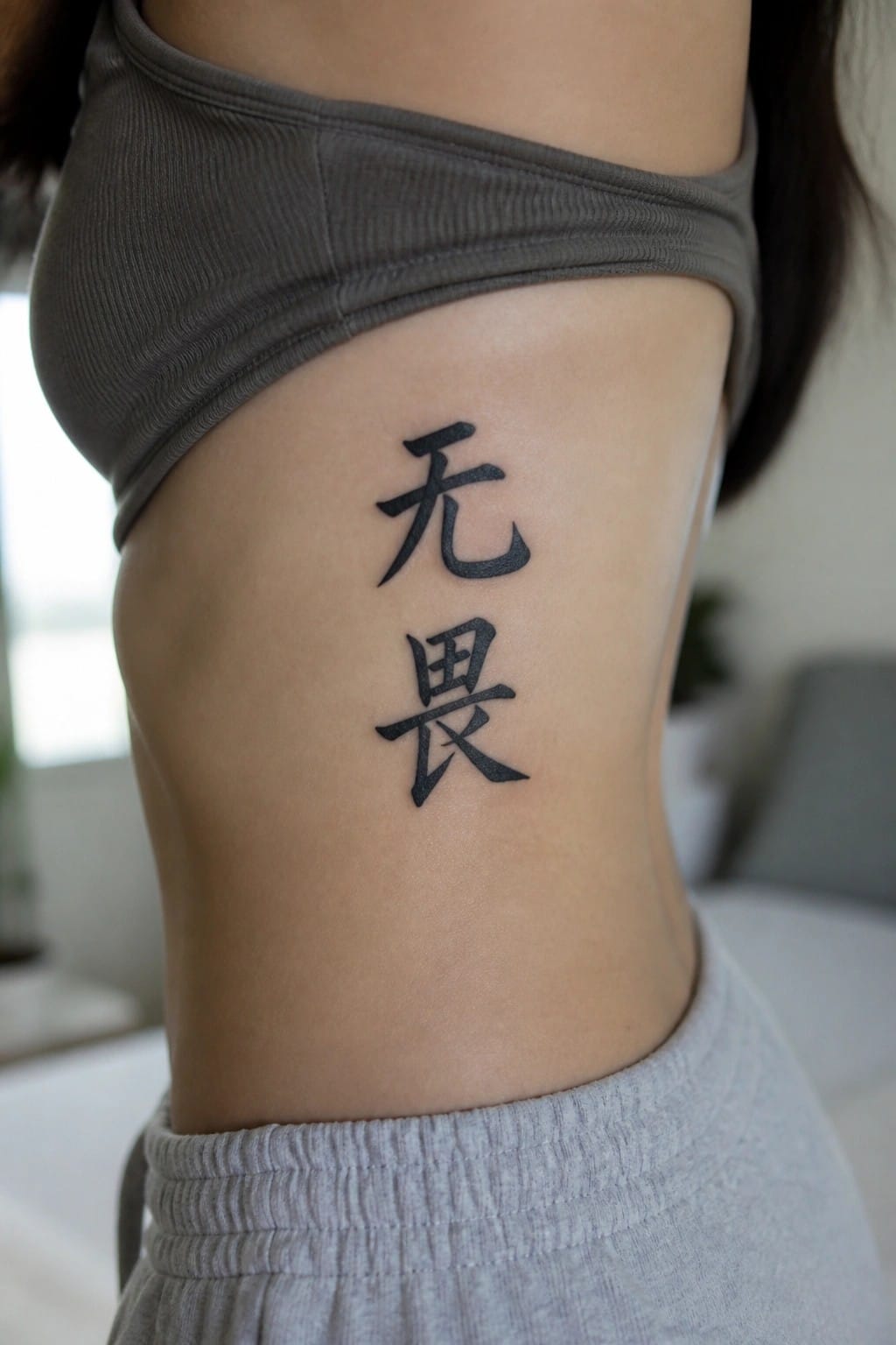 Vertical Chinese characters tattoo on the side of a woman's torso under a gray top