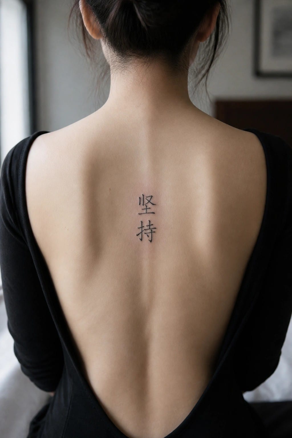 Woman's back with vertical Chinese characters tattoo, black low-back top, hair in bun