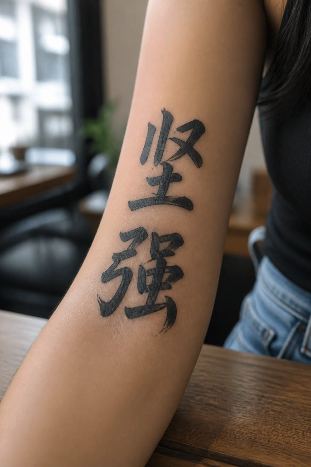 Vertical black Chinese calligraphy tattoo on light-skinned arm resting on wood