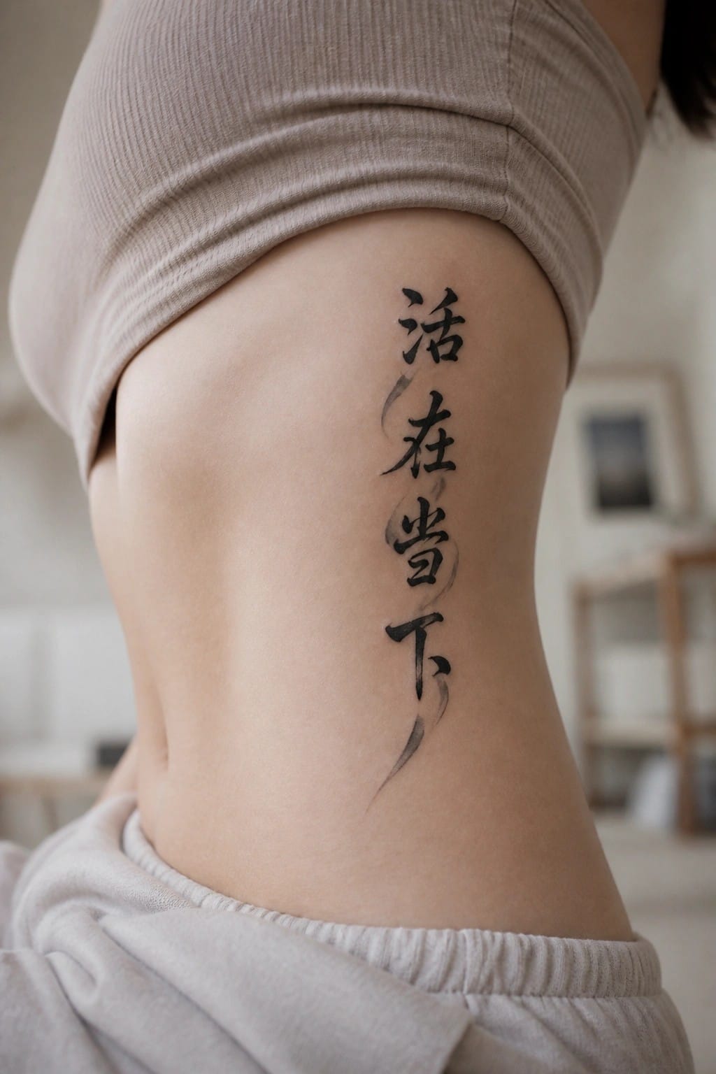 Beige ribbed top and gray pants with vertical black calligraphy tattoo on hip.