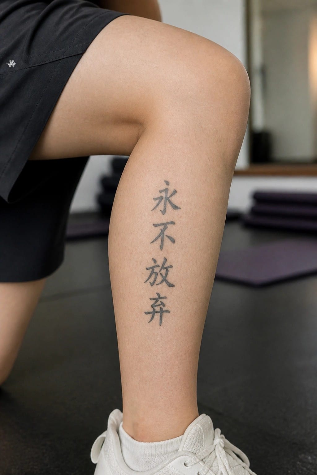 Close up of three vertical Chinese characters tattooed on the shin above a white sneaker.