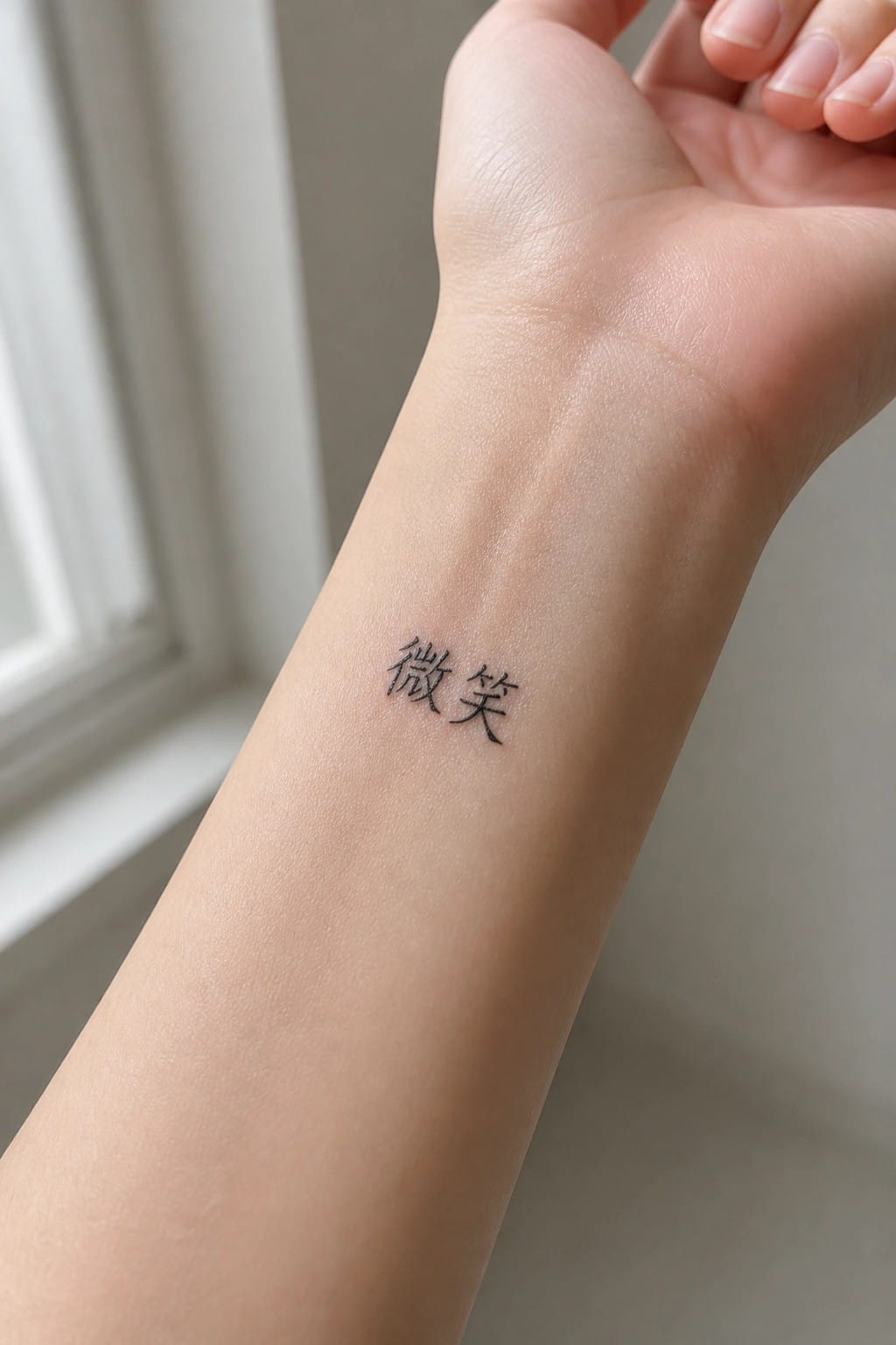 Wrist with black Chinese characters tattoo on light skin near window light