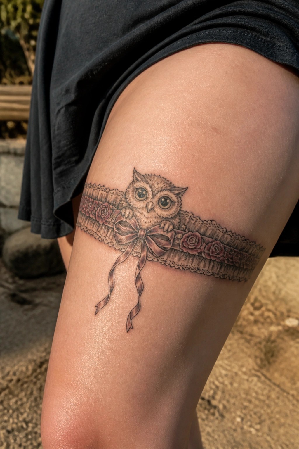 A small realistic owl tattoo peeking over a lace garter band with roses and a bow on a woman's upper thigh.