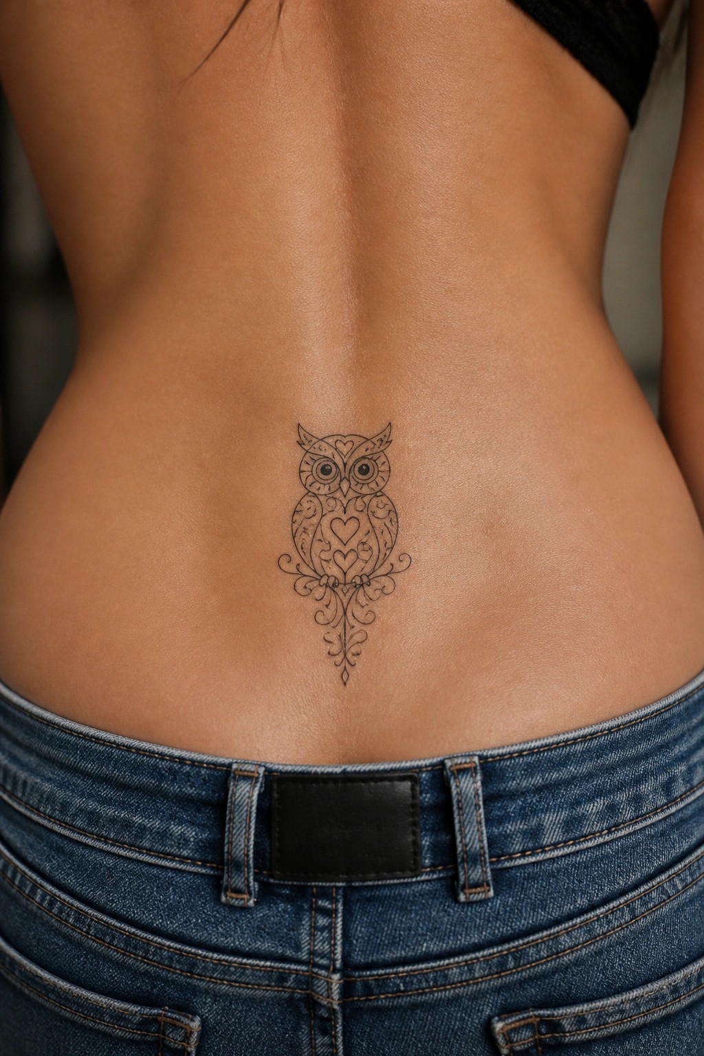 Small ornate owl tattoo with heart motifs centered on the lower back above blue jeans.