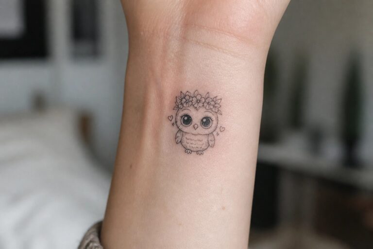 18 Cute Owl Tattoo Ideas for Women Featuring Soft Feminine Details Small black owl tattoo with flower crown and hearts on wrist.