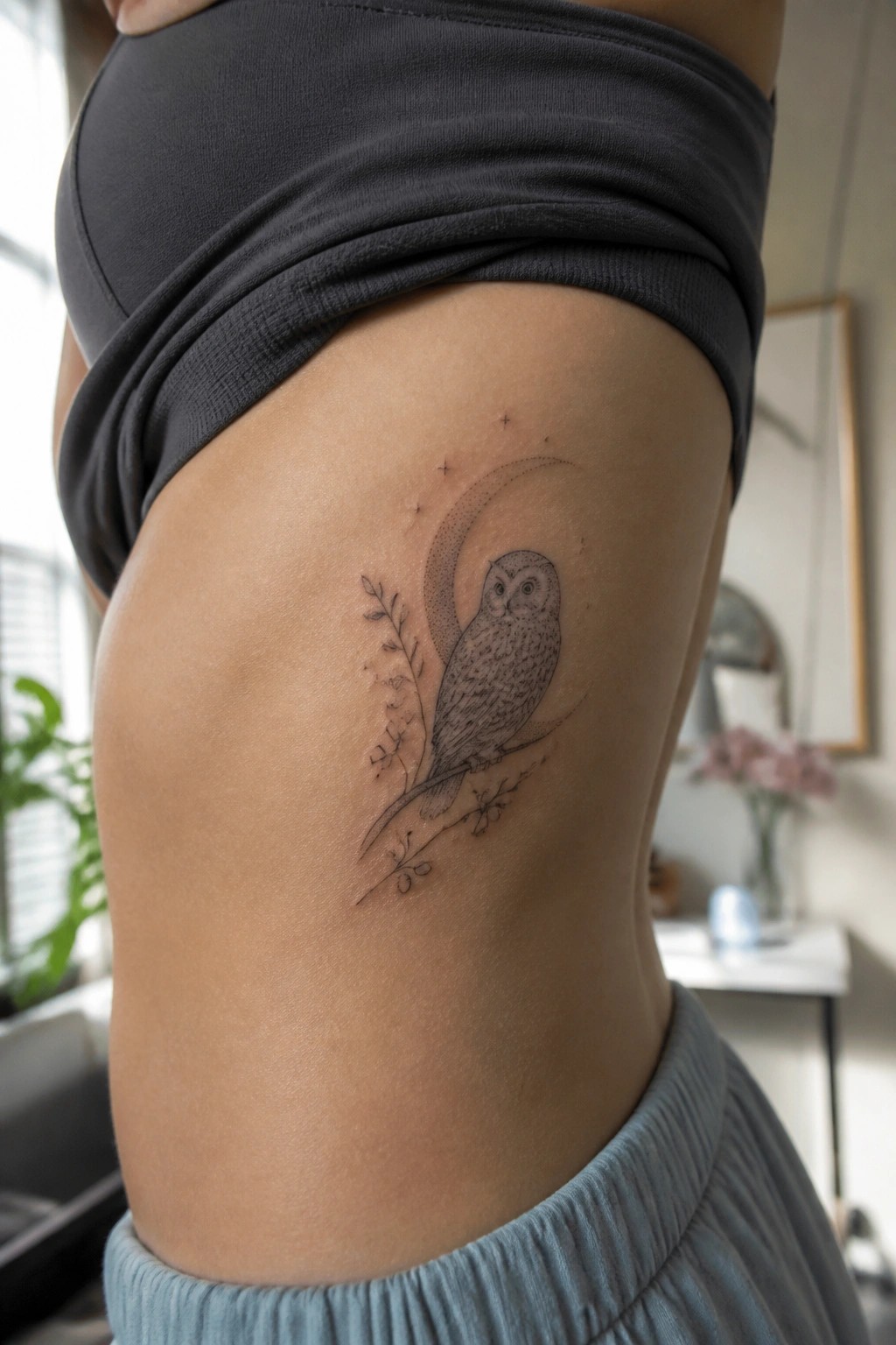 Owl tattoo on hip with crescent moon, stars, and leafy branch.