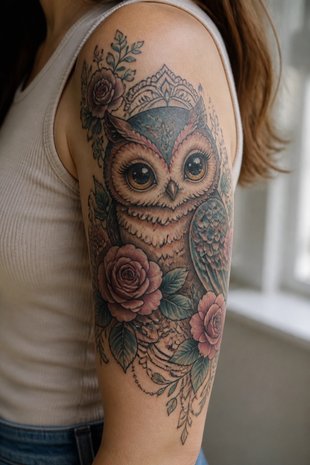 Detailed owl tattoo with pink roses on shoulder of person in white tank top.