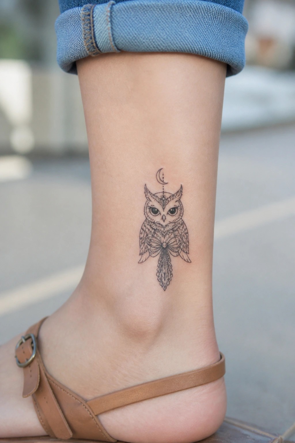 A small fine line owl tattoo on a woman's ankle featuring a bow and crescent moon above it, positioned above a brown sandal strap.