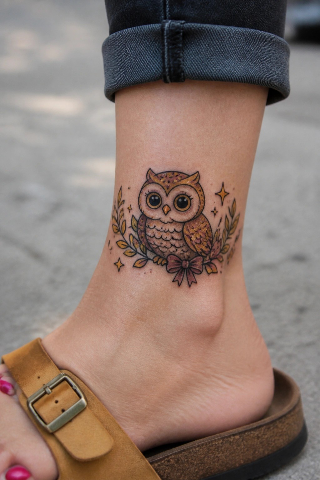 Small owl tattoo on a woman's ankle with leaves on both sides and a bow at the bottom