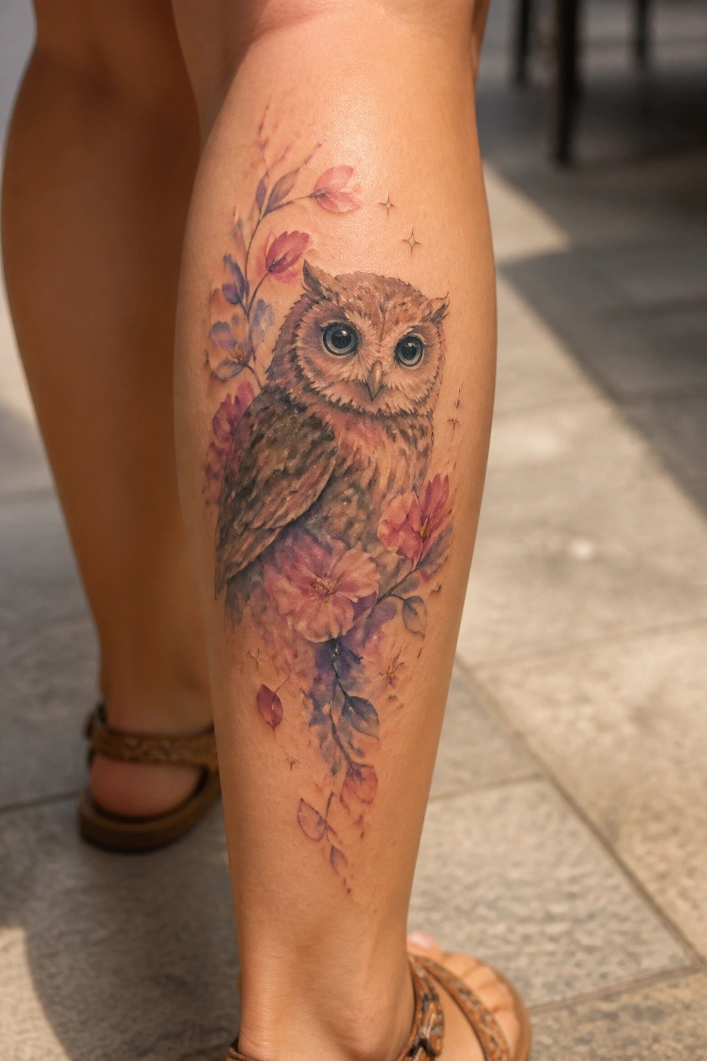 Watercolor owl tattoo on a woman's lower leg with surrounding flowers and leaves trailing down the calf.