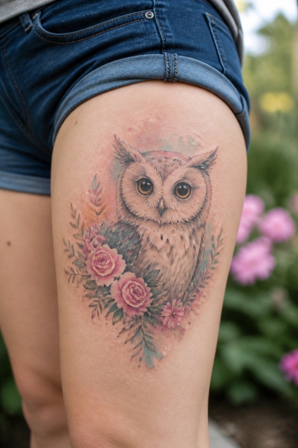 Watercolor owl with pink roses tattooed on thigh beneath denim shorts.