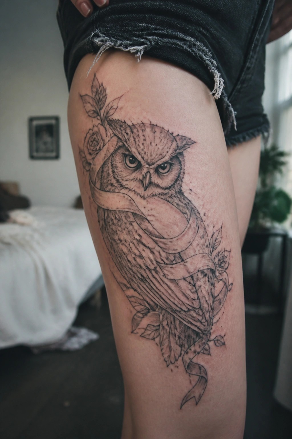 Black and grey owl tattoo on upper thigh with roses, leaves, and a ribbon banner.