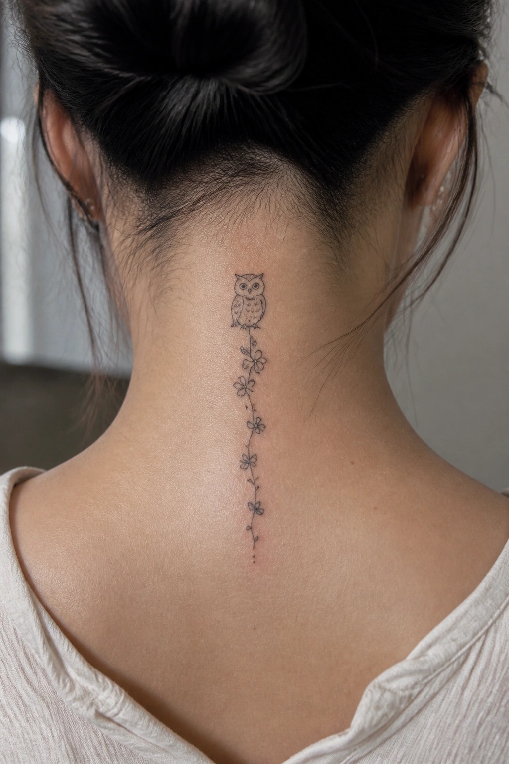 Woman's neck with owl tattoo and long floral vine down spine