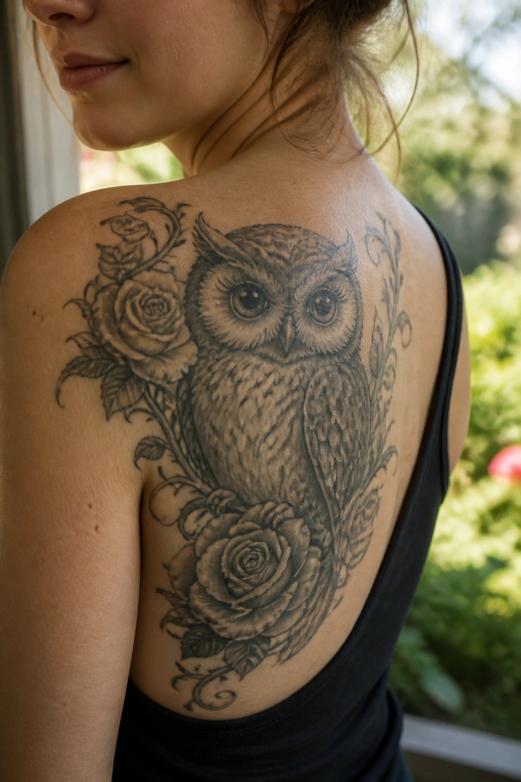 Black and grey owl tattoo with roses and vines on a woman's upper back and shoulder