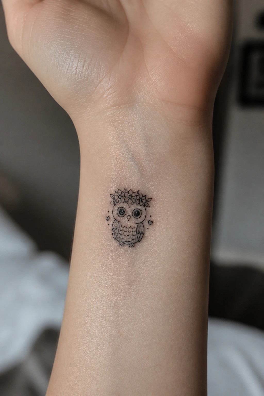 Small black owl tattoo with flower crown and hearts on wrist.