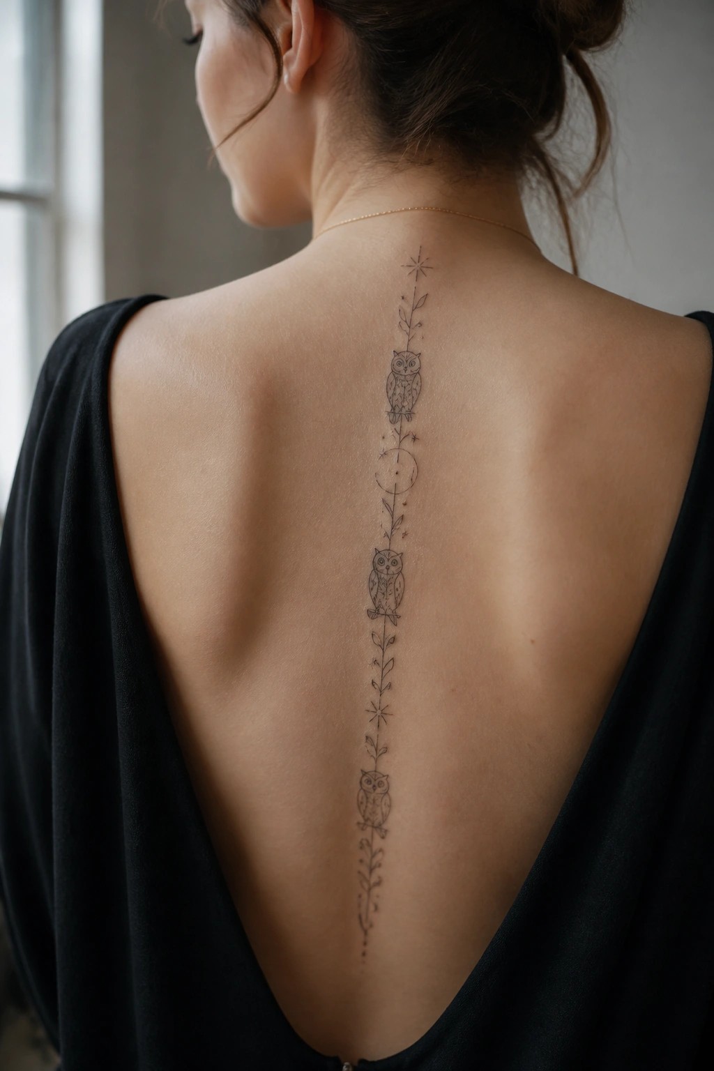 Woman's back with vertical owl, moon, and plant spine tattoo in black top.