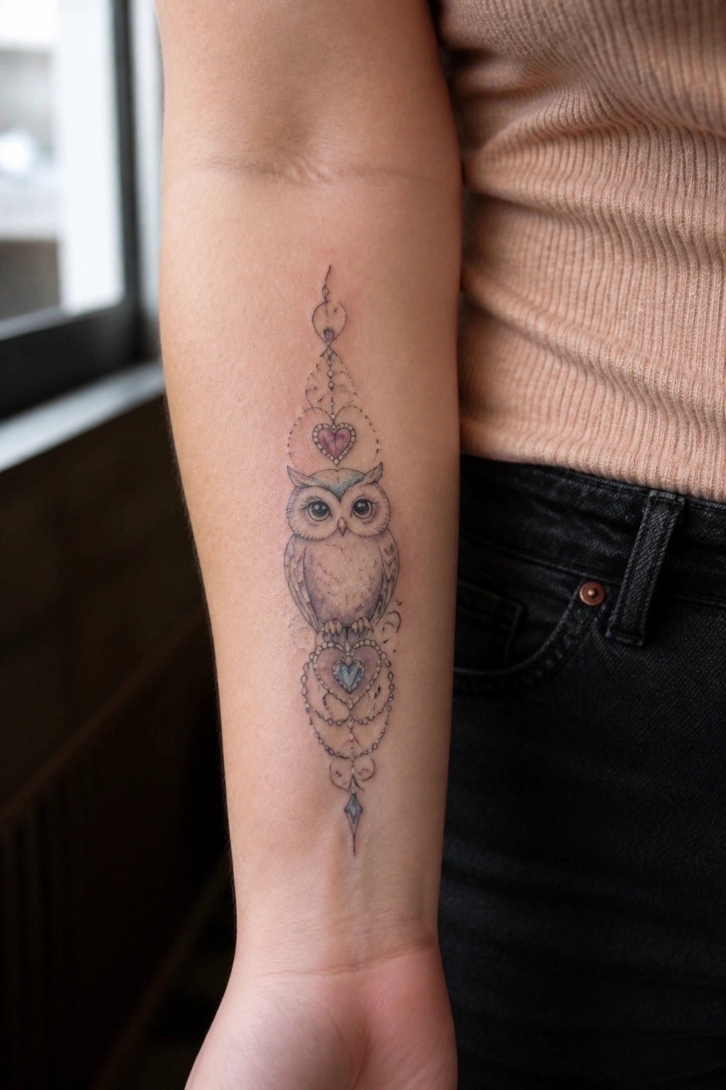 Owl tattoo with hearts on forearm of person in beige sweater and black jeans