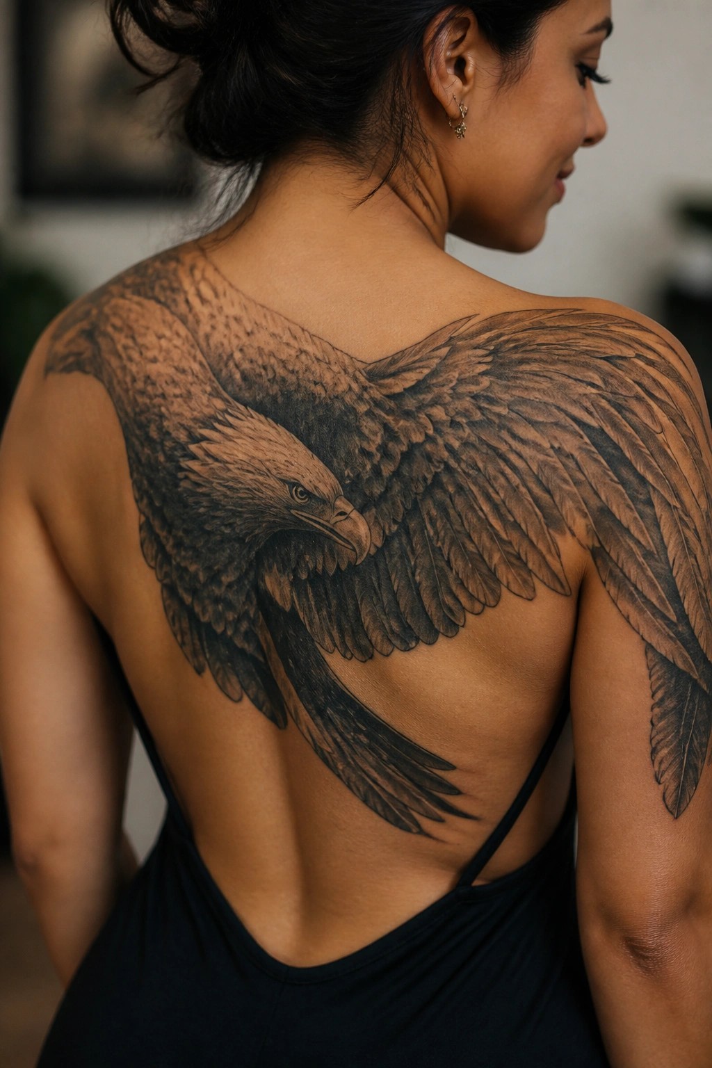 Woman's back with large detailed eagle tattoo, wearing black strappy top.