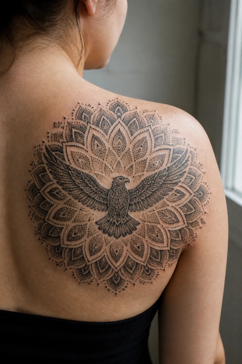 Large dotwork mandala tattoo with an eagle at the center placed across a woman's shoulder and upper back