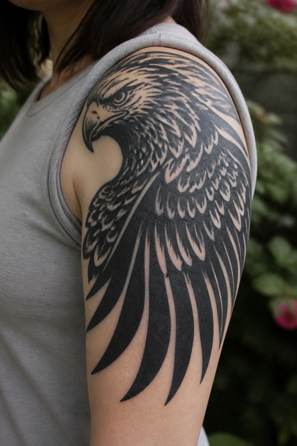 Detailed black eagle tattoo on shoulder of person in gray tank top.