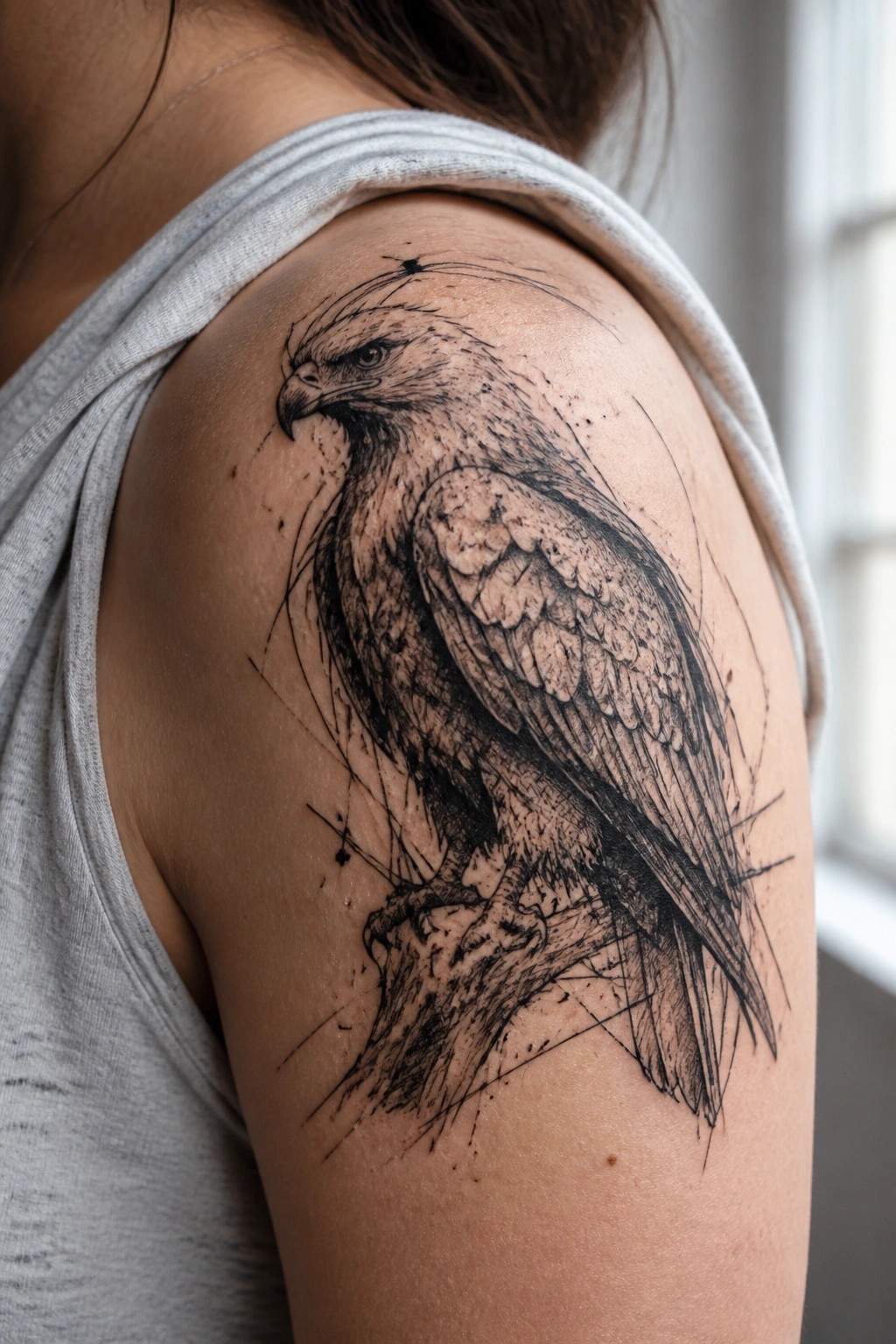 Detailed black eagle tattoo on shoulder above gray tank top strap.