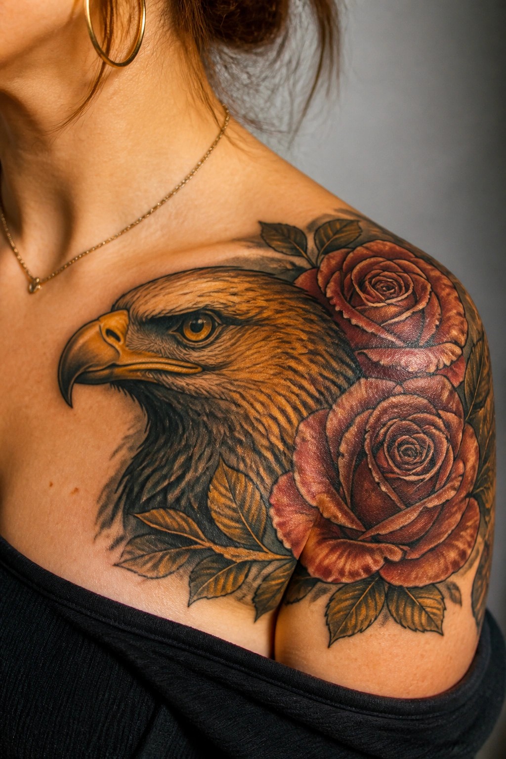 Realistic eagle head tattoo on a woman's shoulder combined with red roses and leaves in natural color tones.